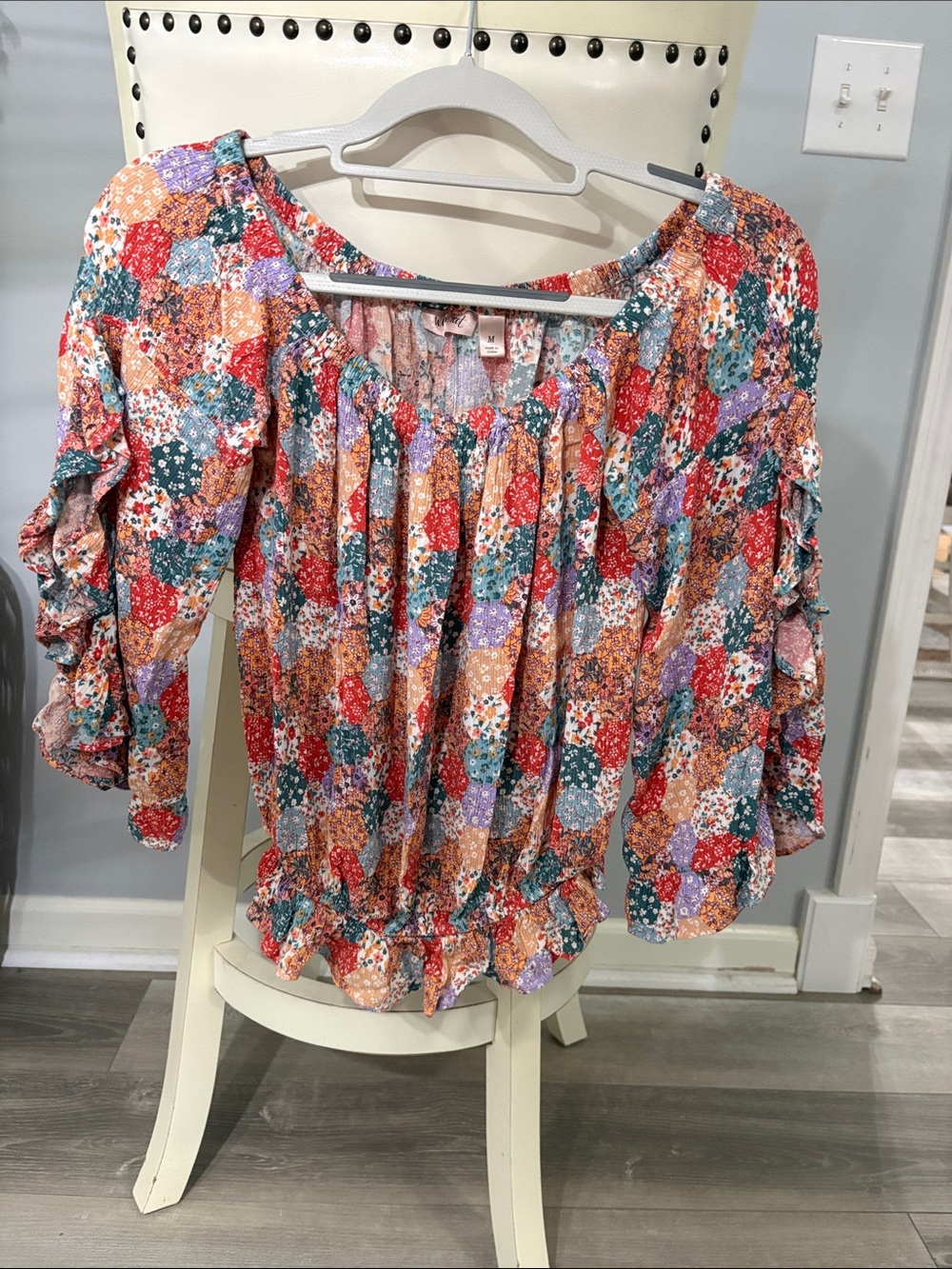 Multicolor Floral Patchwork Blouse with Smocked Hem